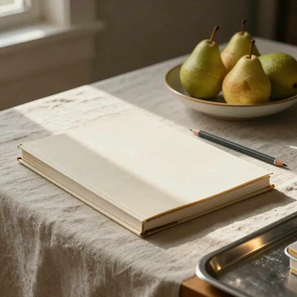 Closed review binder, pencil and pears on a linen desk in warm late-afternoon light