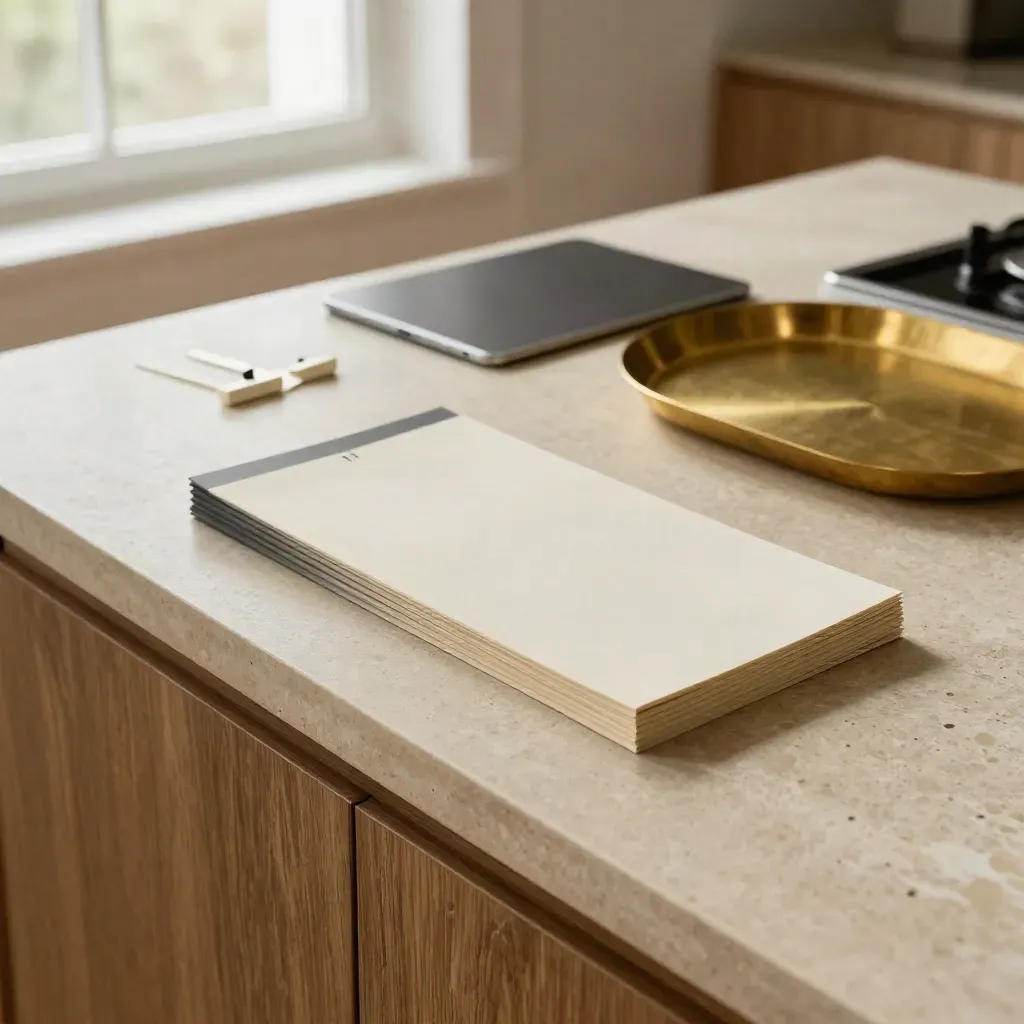 Top-down ETF review still life with sleeves, tablet, brass tray and ivory markers on a kitchen island.