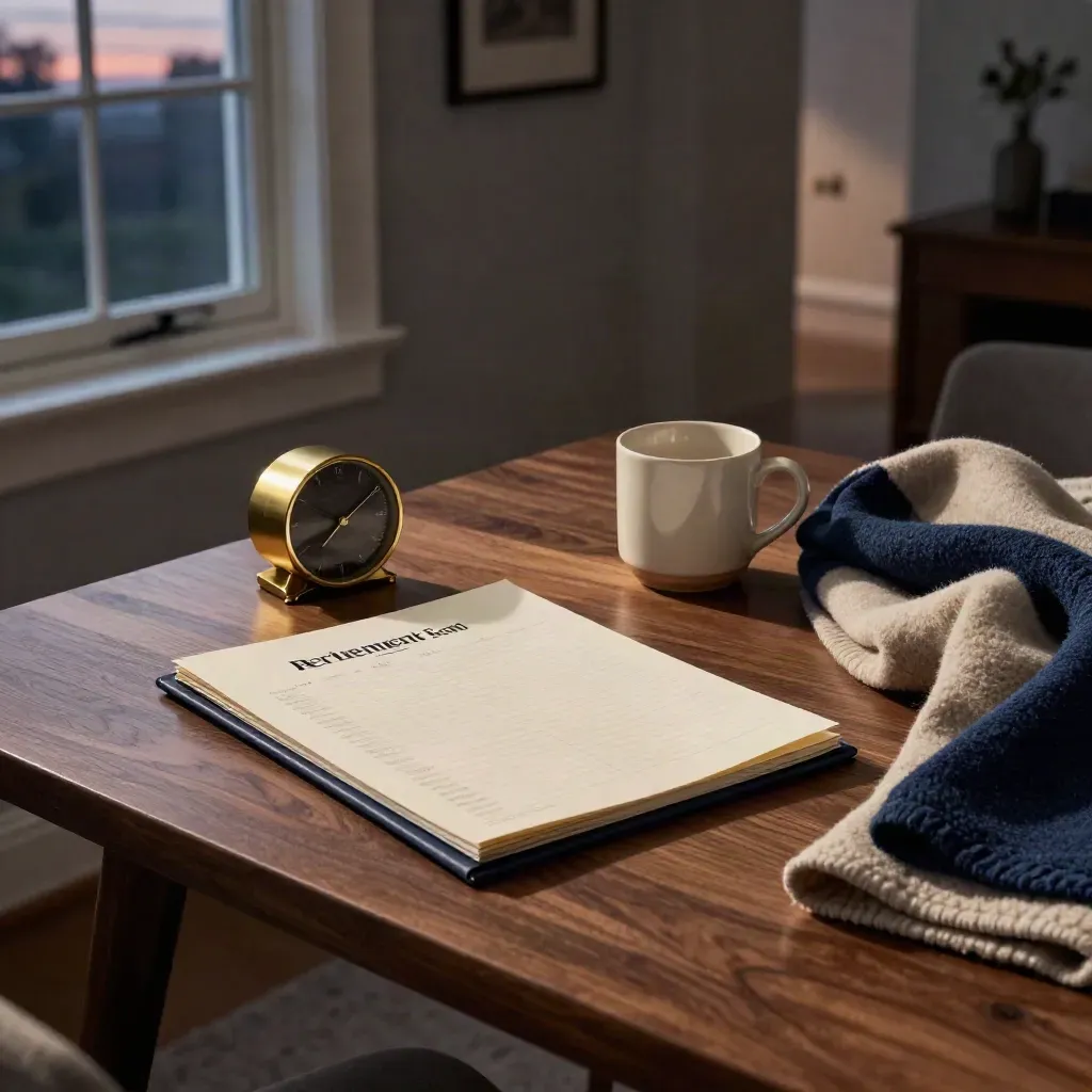 Blue-hour stair-landing still life with pension folder, clock, mug and folded blanket