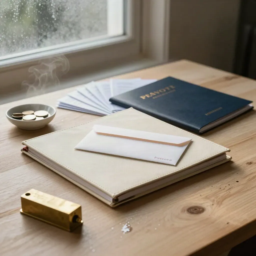 Portfolio binder, ISA envelope, pension folder and brass paperweight on a pale oak table at dawn.