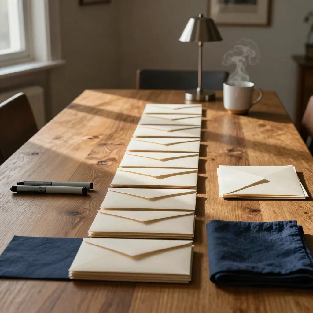 Cinematic dining table with envelopes, markers, papers and lamp tracing a cashflow path at dusk