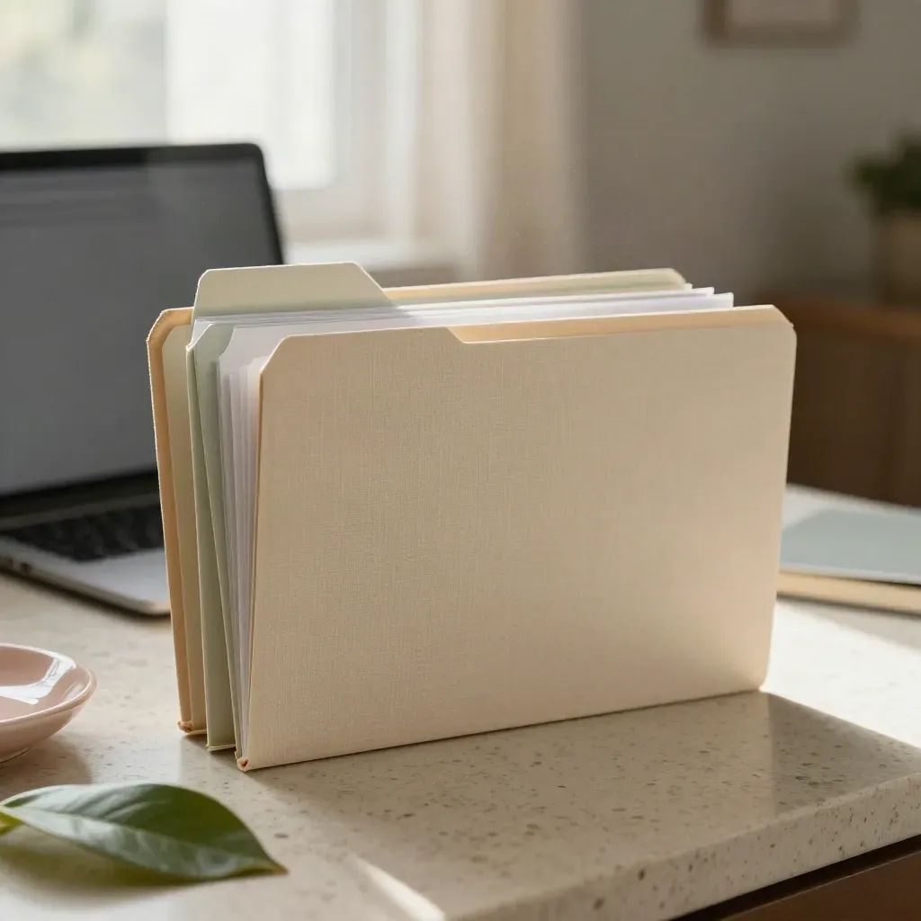 Macro of investment folders, closed laptop, ceramic dish and plant on a travertine worktop.