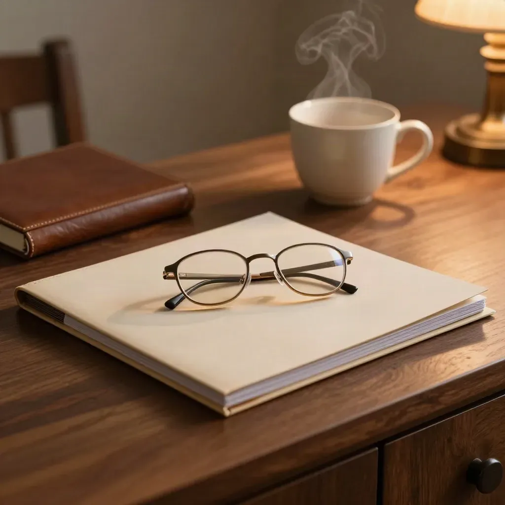 Pension folder, reading glasses, cup and ledger on a sideboard in warm dusk light.