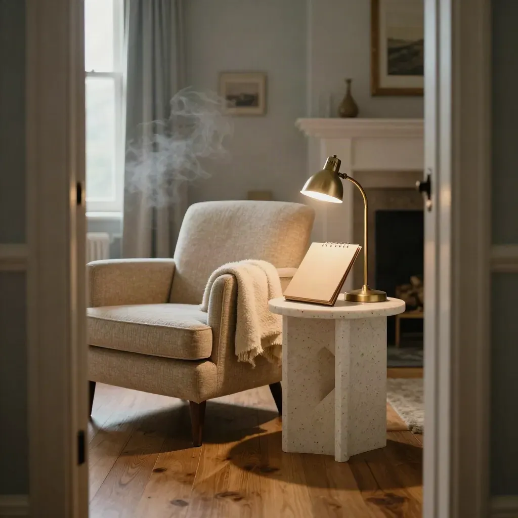 Empty armchair, drawdown folder and lamp in a warm retirement room at dawn.