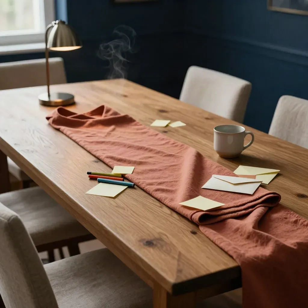 Dining table cashflow timeline with envelopes, markers, lamp and folded throw.