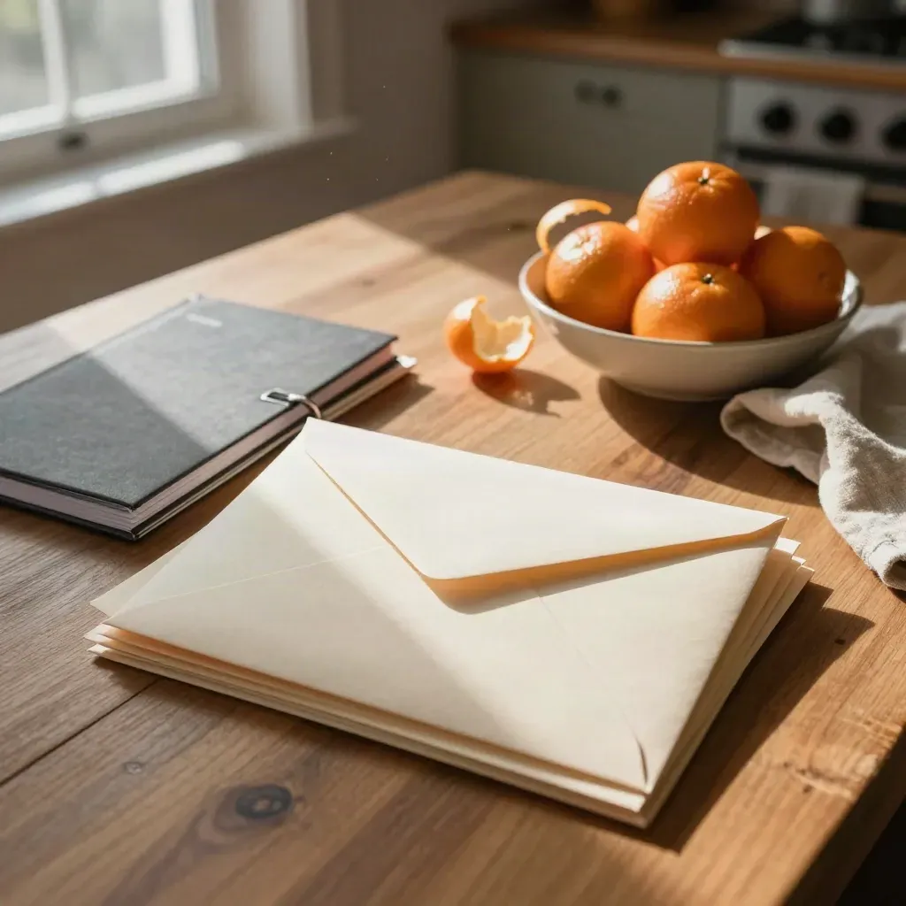 ISA envelopes, a face-down planner and clementines on a winter kitchen table in soft daylight.