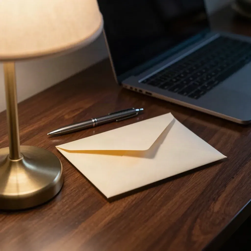 Cream pension top-up envelope, graphite pen and navy laptop on a lamp-lit midnight desk.