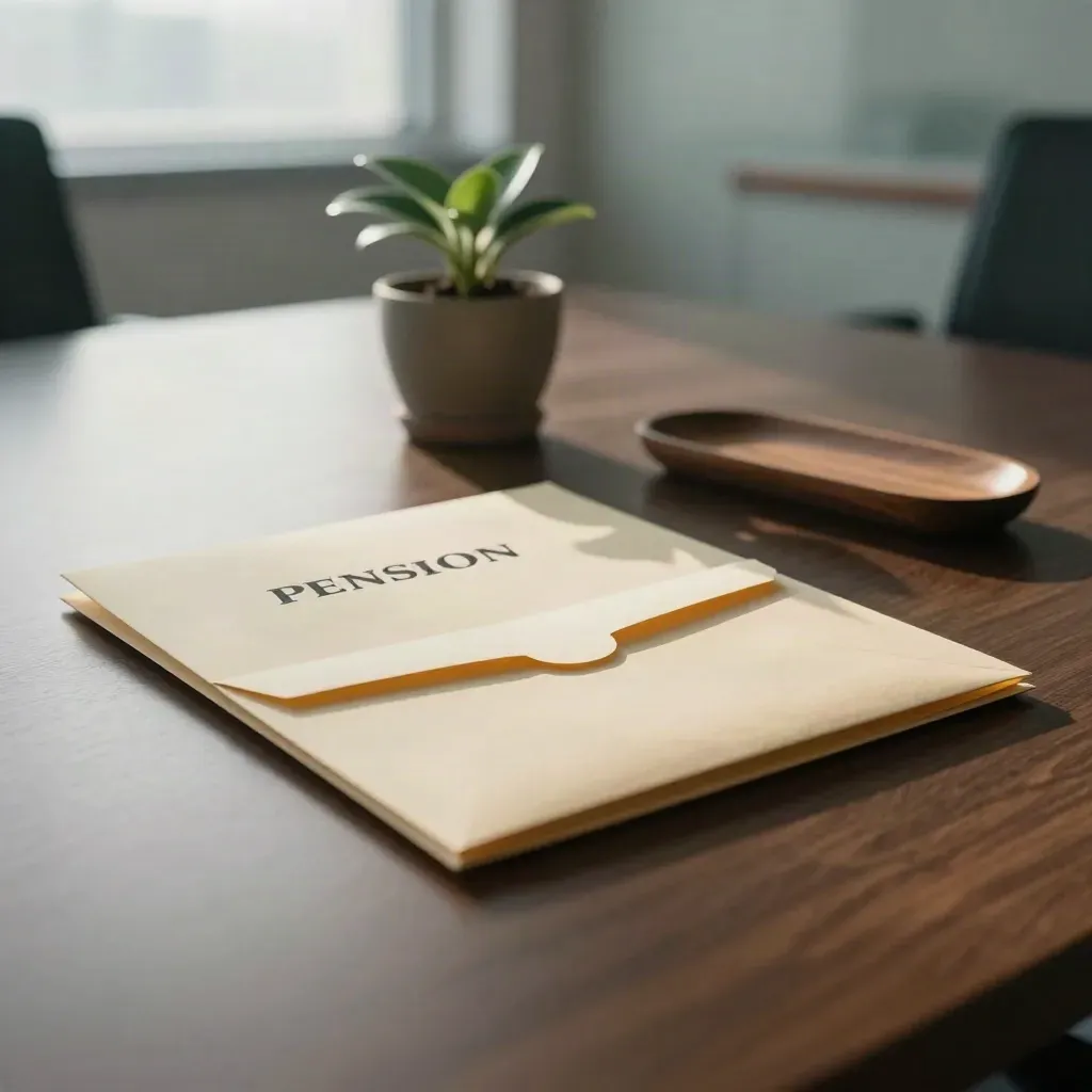 Corporate cash envelope beside pension folder and plant on a boardroom table at dawn.