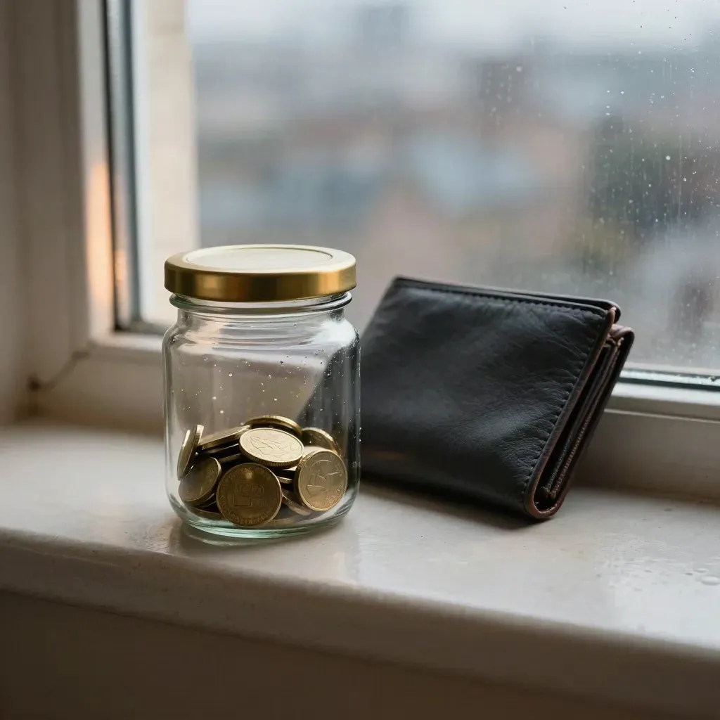 Rainy window ledge with ISA savings jar, leather wallet and blurred city beyond