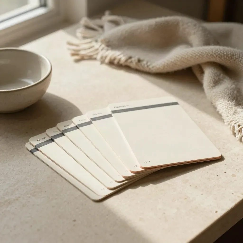 Top-down view of risk cards, a ceramic bowl and wool throw on a limestone table