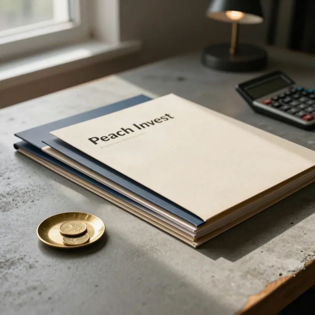 Slim fund folders, brass coin dish and calculator on a concrete worktable in warm afternoon light