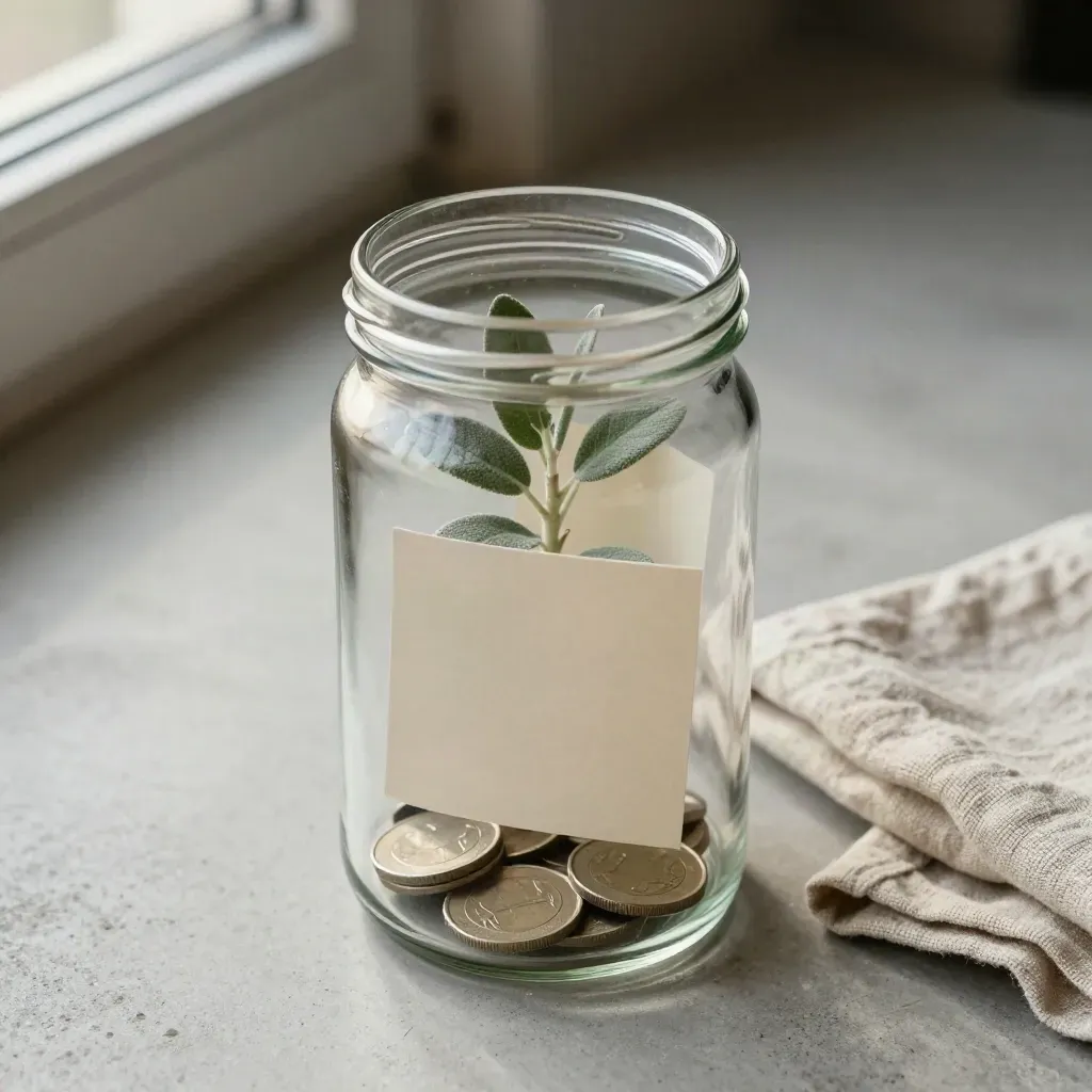 Glass ISA jar with coins, folded card, small plant and linen on pale concrete.