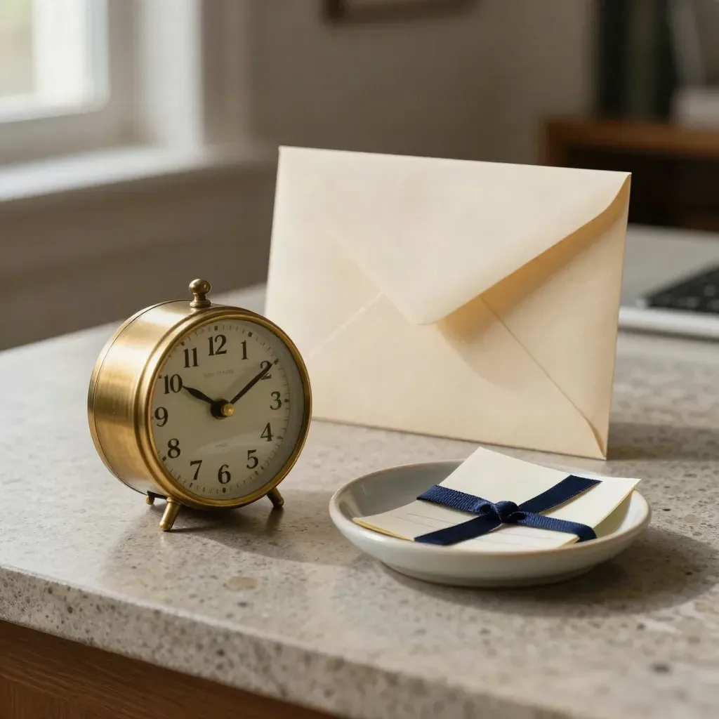 Brass clock with sealed retirement envelope and ceramic dish on a stone desk.