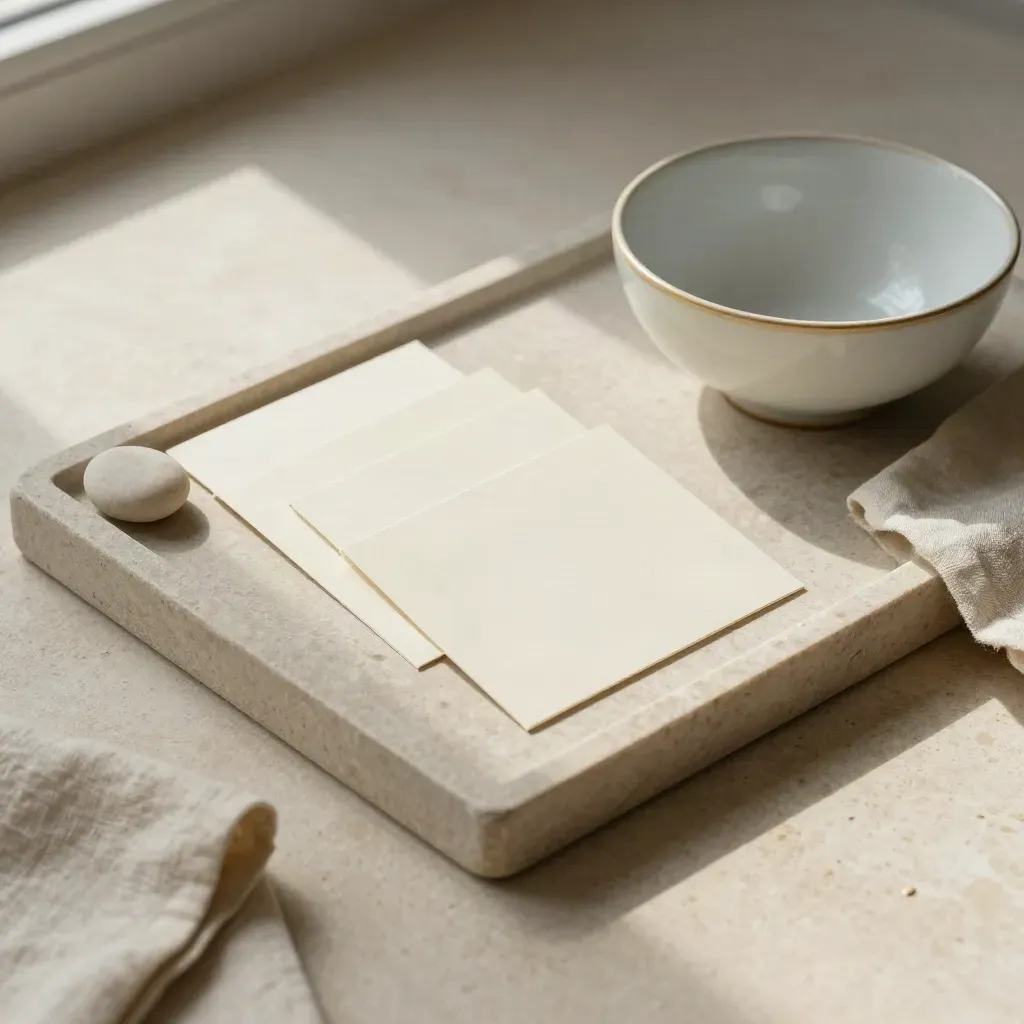 Stone tray with blank cards, pebble, linen cloth and ceramic bowl in soft daylight.