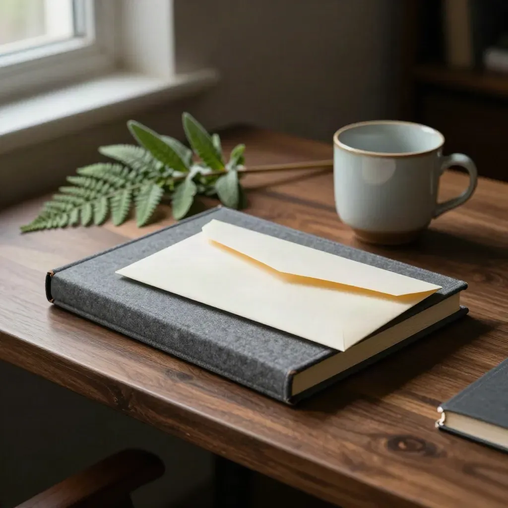 Ledger box, cash envelope, ceramic cup and fern on a dark wood shelf in soft window light.